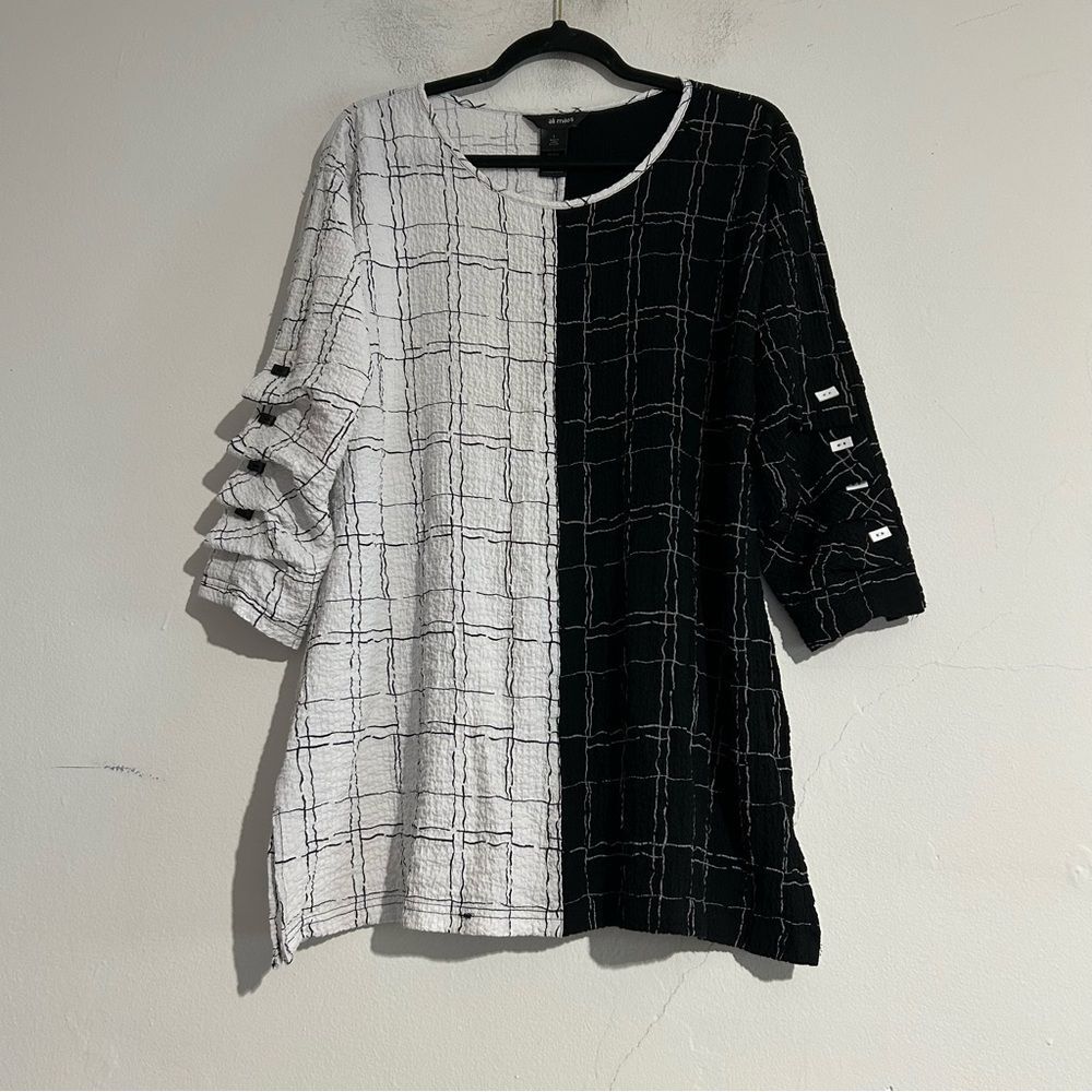 Ali Miles Black White Windowpane Button Ruched Sleeve Gauze Blouse Lagenlook